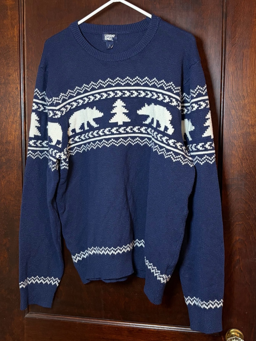 Lands' End Men’s Sweater Size Large Navy Blue Bear Aspen Fair Isle Cabincore